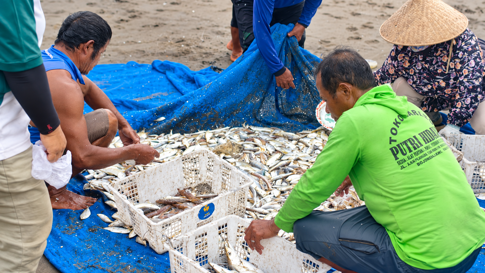 Nelayan dan masyarakat menyortir ikan hasil tangkapan laut di Pantai Bojongsalawe